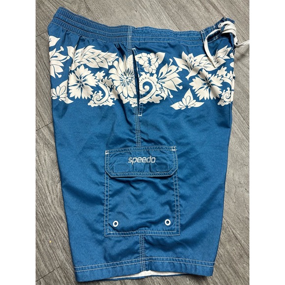 Speedo Blue White Hawaiian Floral Lined Swim Surf Board Shorts Men Size L - Picture 4 of 5